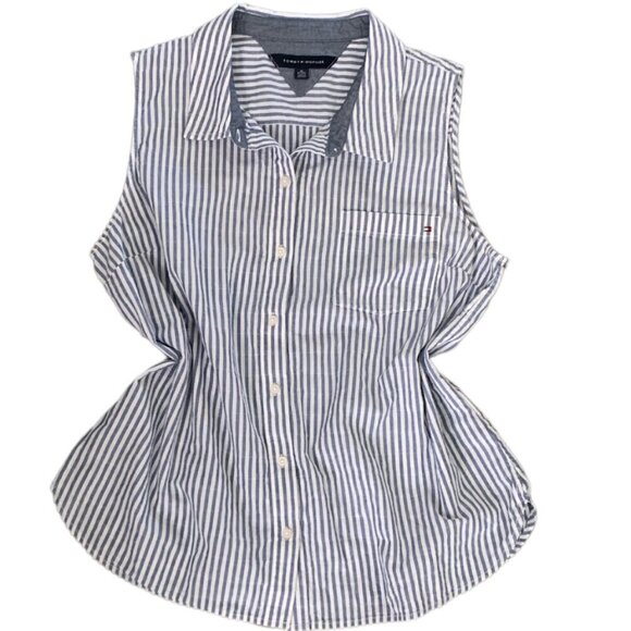 Tommy Hilfiger Striped Sleeveless Button Front Shirt Blue & White XL 103H - Picture 1 of 11